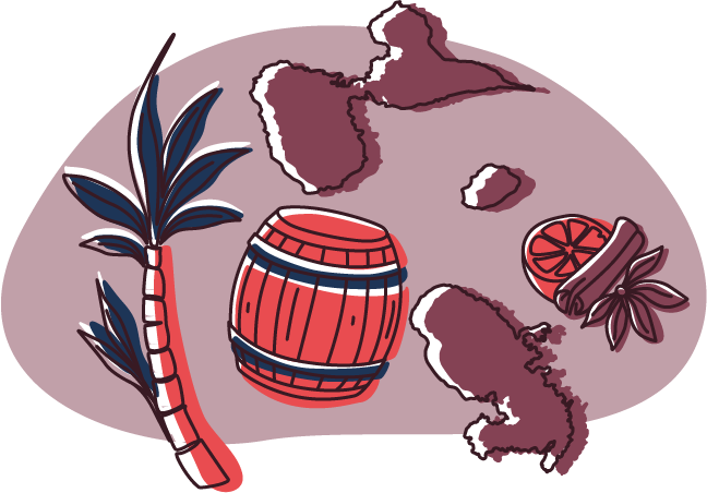 ILLUSTRATION VERRE DE RHUM ET SAVEURS DES ANTILLES TONNEAU CANNE À SUCRE