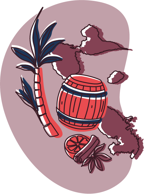 ILLUSTRATION VERRE DE RHUM ET SAVEURS DES ANTILLES TONNEAU CANNE À SUCRE
